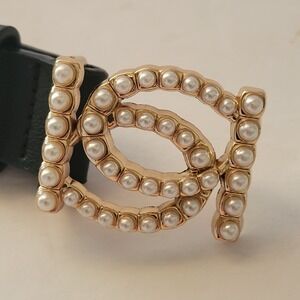 BEBE Black Faux Leather Belt Gold Pearl Logo Buckle Small.